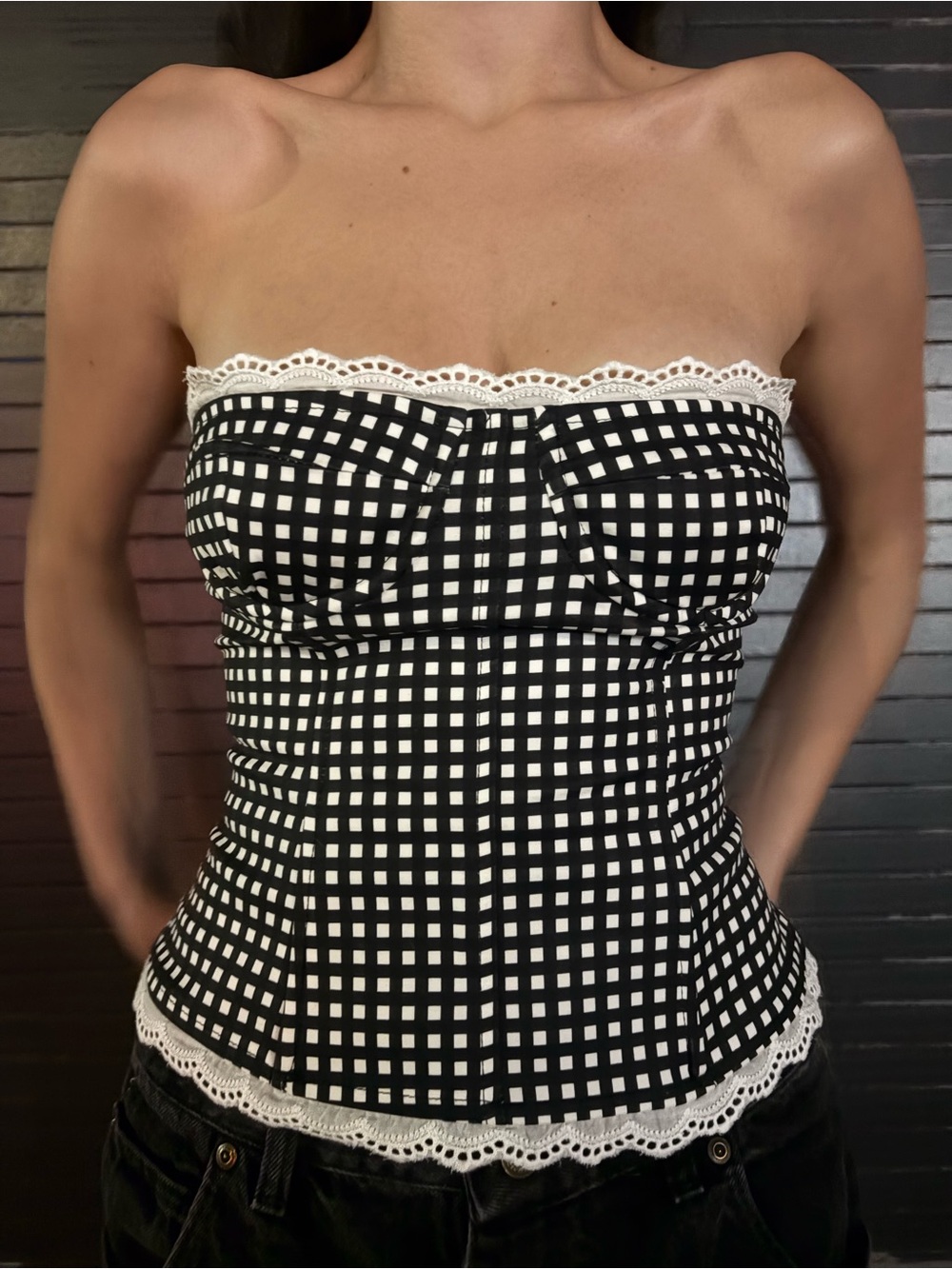 WWW Black and White Gingham Strapless Lace Trim Bustier
